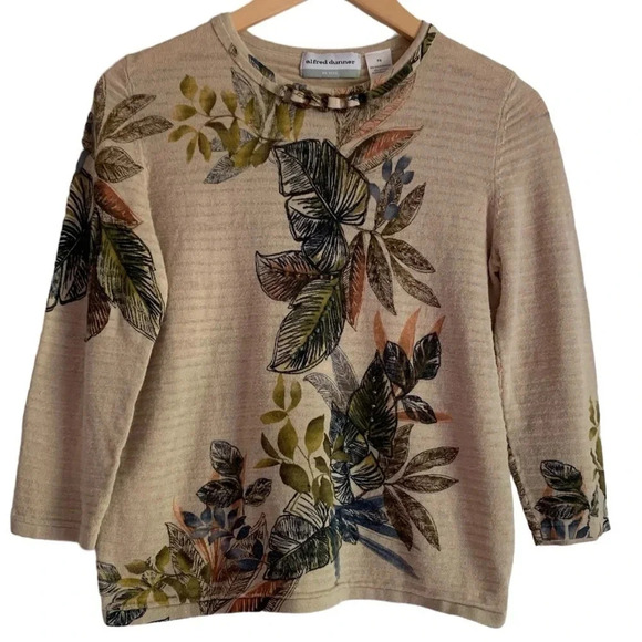 Vintage 90s Y2K Alfred Dunner Beaded Top PS Floral Cottagecore Ramie Cotton - Picture 1 of 14